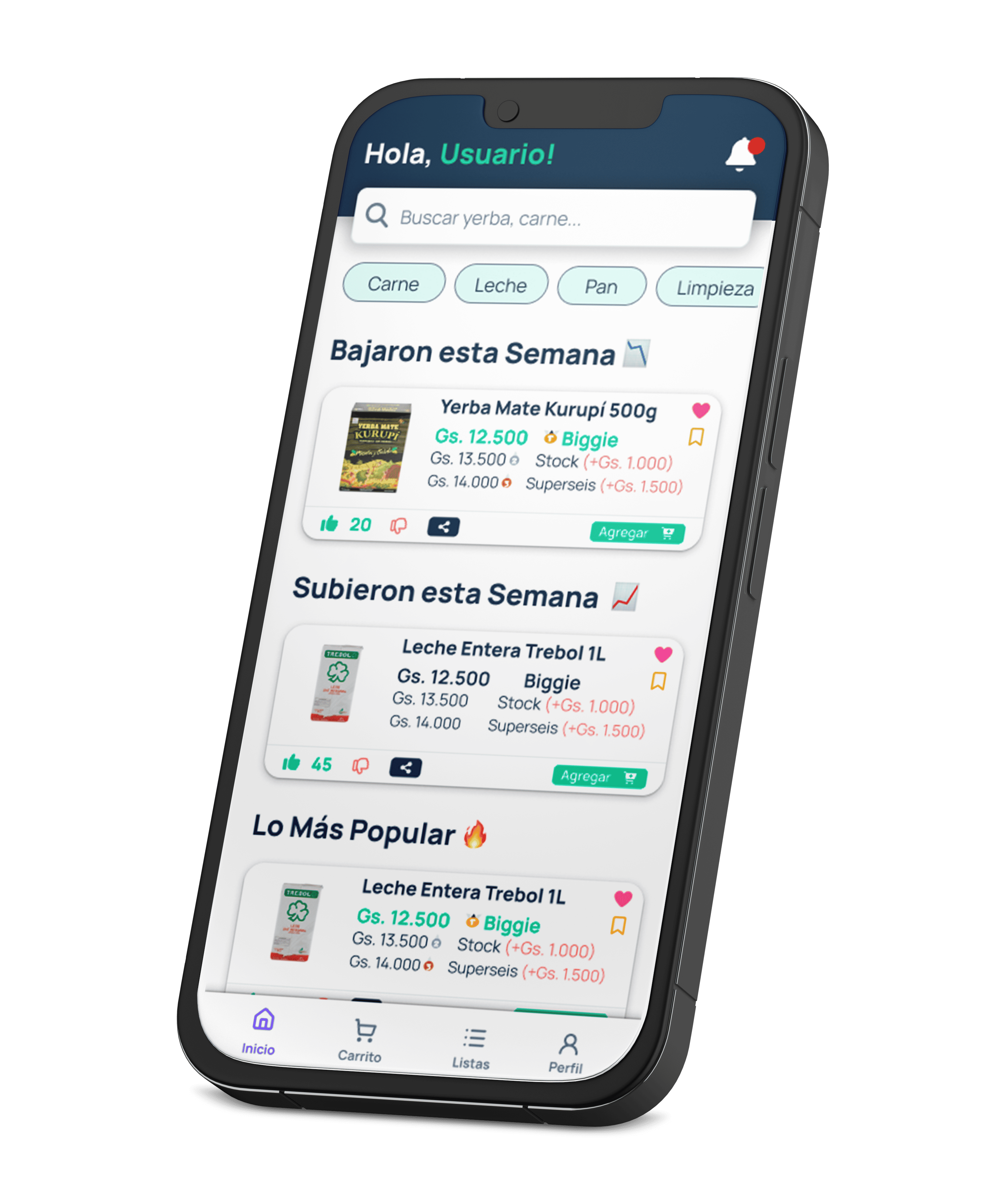 App DondeBarato en celular de lado