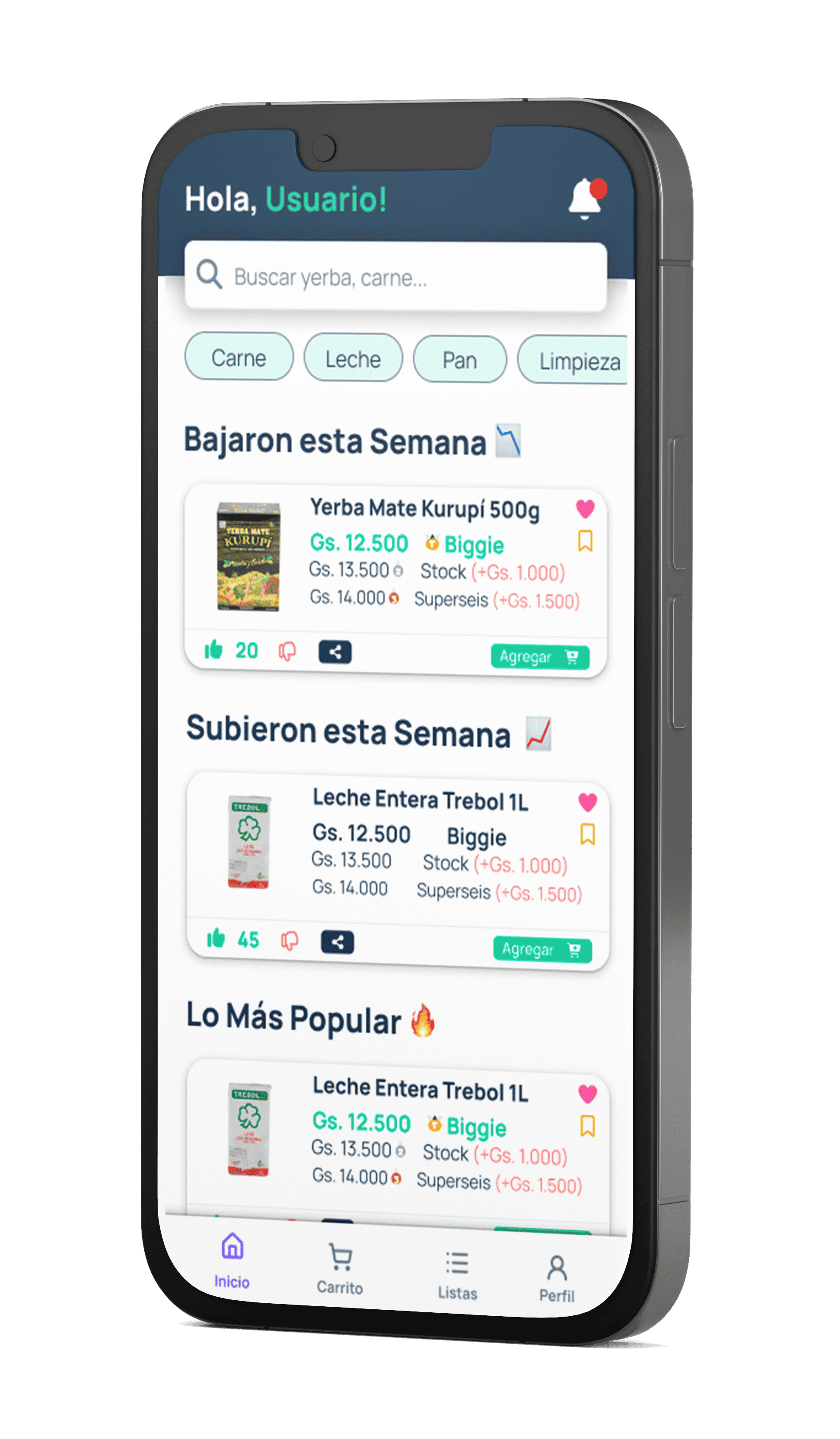 App DondeBarato en celular de frente